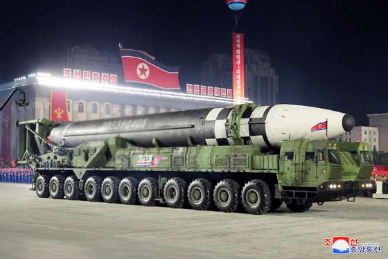 epa08737328 A photo released by the official North Korean Central News Agency (KCNA) shows North Korea's new intercontinental ballistic missile (ICBM) during a military parade at the Kim Il Sung Square during celebrations of the 75th anniversary of the founding of the Workers' Party of Korea (WPK), in Pyongyang, North Korea, 10 October 2020 (issued 12 October 2020). EPA/KCNA EDITORIAL USE ONLY