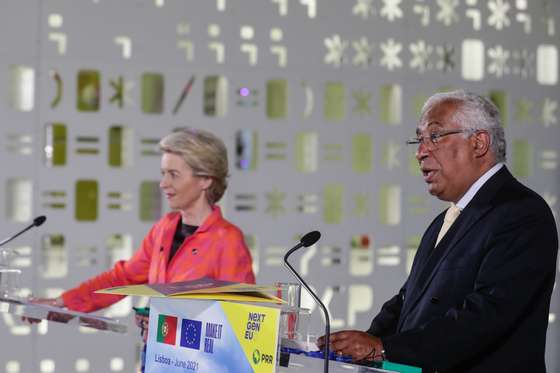 The President of the European Commission, Ursula von der Leyen (L) during the press conference with portuguese Prime Minister AntÃ³nio Costa (R), after their meeting on the Pavilion of Knowledge in Lisbon, 16th june 2021. TIAGO PETINGA/LUSA