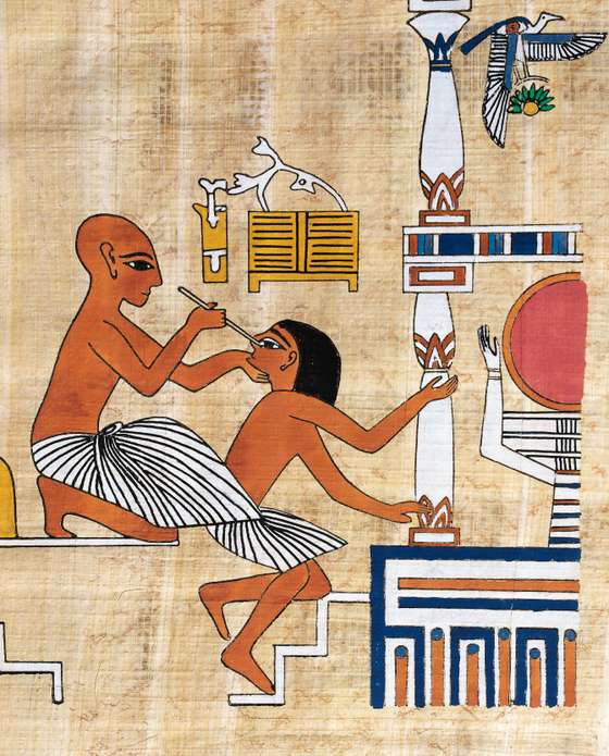 Ophthalmologist treating a patient, papyrus, reconstruction of a fresco from the Theban tomb of Ipi, originally dating back to the Dynasty XIX. Egyptian civilisation.