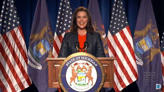 epa08610232 A frame grab from a video feed made available by the Democratic National Convention (DNC) shows Michigan Governor Gretchen Whitmer speaking during the first night of the Democratic National Convention, held as an online event hosted from Milwaukee, Wisconsin, USA, 17 August 2020 (issued 18 August 2020). The 2020 Democratic National Convention will run from 17 August to 20 August. EPA/DEMOCRATIC NATIONAL CONVENTION HANDOUT HANDOUT EDITORIAL USE ONLY/NO SALES