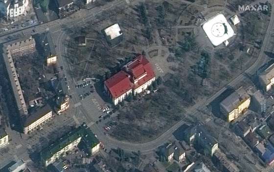 RUSSIANS INVADE UKRAINE -- MARCH 14, 2022: 01 Maxar satellite image before the Mariupol Drama Theater was bombed on March 16th. Mariupol, Ukraine. 14march2022_wv2. Please use: Satellite image (c) 2022 Maxar Technologies.