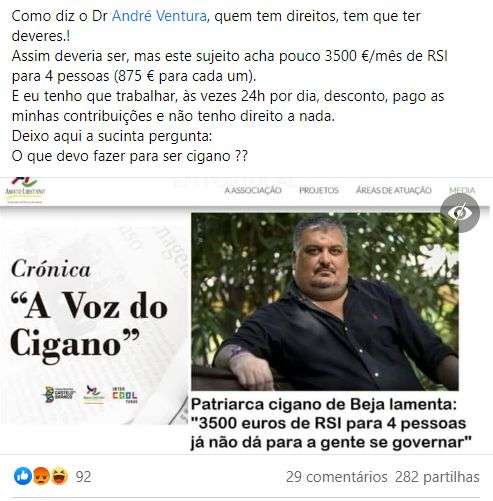 PublicaÃ§Ã£o no Facebook, a citar um suposto "patriarca cigano de Beja" a lamentar a ajuda do Rendimento Social de InserÃ§Ã£o (RSI)