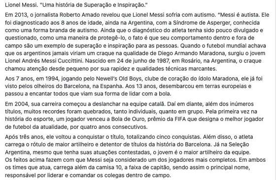 PublicaÃ§Ã£o de Facebook com texto sobre suposto autismo de Lionel Messi