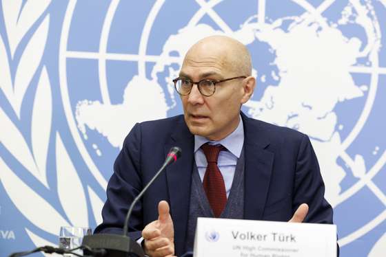 epa10356226 The UN High Commissioner for Human Rights Volker Turk (Tuerk) talks to the media during a new press conference, at the European headquarters of the United Nations in Geneva, Switzerland, 09 December 2022.  EPA/SALVATORE DI NOLFI SWITZERLAND OUT