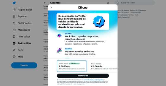 Twitter Blue jÃ¡ aparece na versÃ£o web, mas ainda nÃ£o em Android e iOs