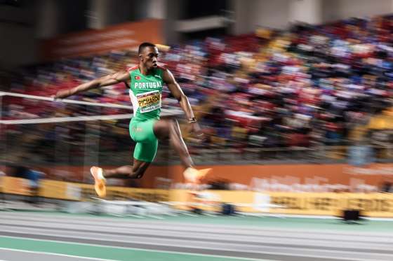 epa10501127 Pedro Pichardo of Portugal in action during the Triple Jump Men Final at the European Athletics Indoor Championships in Istanbul, Turkey, 03 March 2023. EPA/Tolga Bozoglu