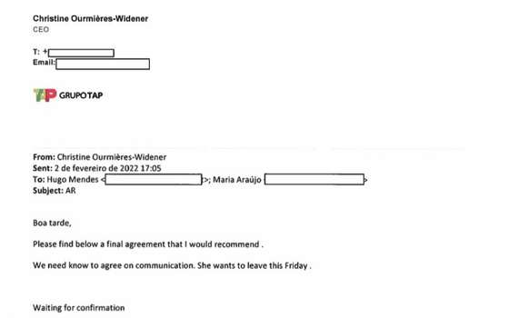 Mail remetido pela presidente da TAP para secretÃ¡rio de Estado das Infraestruturas e gabinete de Pedro Nuno Santos