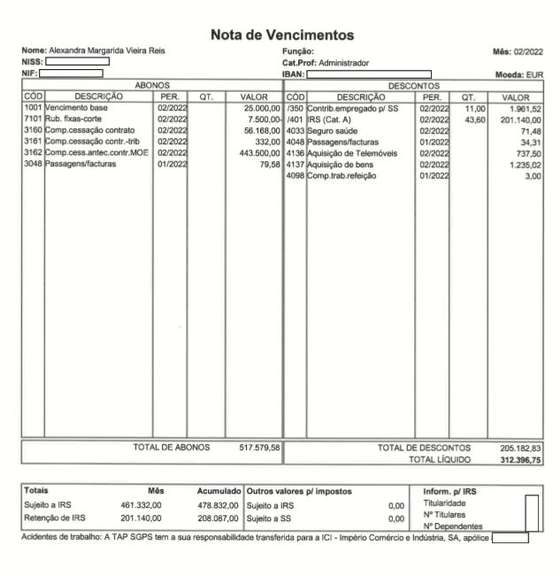 Recibo dos montantes pagos a Alexandra Reis a tÃ­tulo do acordo de cessaÃ§Ã£o de funÃ§Ãµes na TAP em 2022