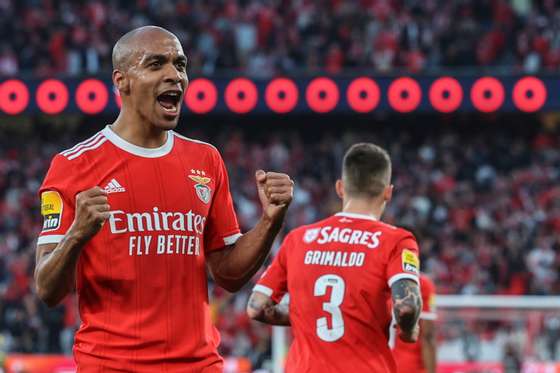 SL Benfica player Joao Mario celebrates after scoring 2-0 lead during the Portuguese First League soccer match, between SL Benfica vs Vitoria de Guimaraes, at Luz stadium in Lisboa, Portugal, 18 March 2023. ANTONIO COTRIM/LUSA