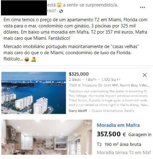 Publica&Atilde;&sect;&Atilde;&pound;o de Facebook compara pre&Atilde;&sect;o de apartamento em Mafra e em Miami