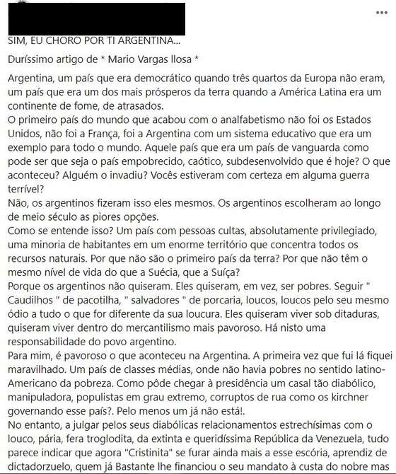 Texto atribuÃ­do a MÃ¡rio Vargas Llosa com duras crÃ­ticas ao governo da Argentina.