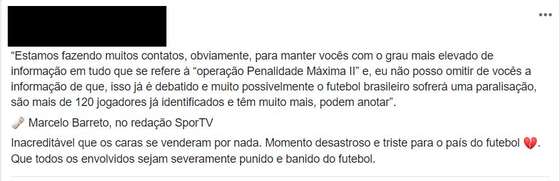 PublicaÃ§Ã£o no Facebook que assegura que o futebol brasileiro estÃ¡ em risco de ser paralisado, por esquema de apostas.