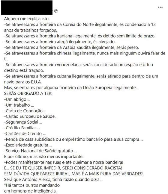 PublicaÃ§Ã£o no Facebook com informaÃ§Ãµes erradas sobre a polÃ­tica migratÃ³ria europeia.