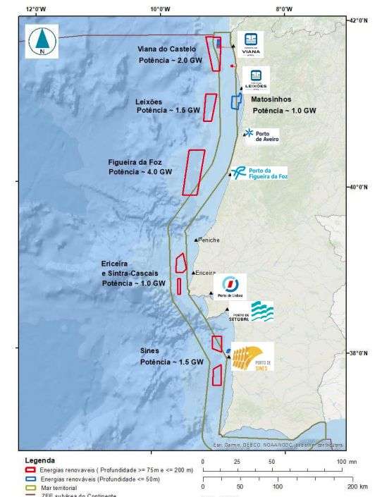 Mapa das Ã¡reas onde foi identificado potencial para offshore eÃ³lica a colocar a concurso