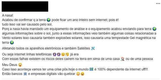 PublicaÃ§Ã£o de Facebook sobre a NASA e o risco de haver um corte de internet e telecomunicaÃ§Ãµes.