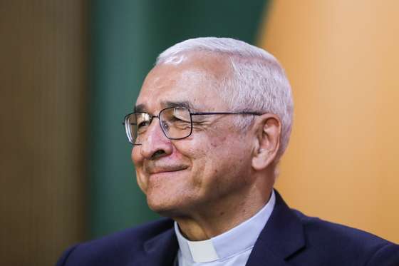 The bishop of Leiria and Fatima, D. Jose Ornelas, speaks to journalists at the press conference on the religious ceremonies of the pilgrimage on 12 and 13 May at the Shrine of Fatima, Portugal, 12 May 2023. PAULO CUNHA/LUSA