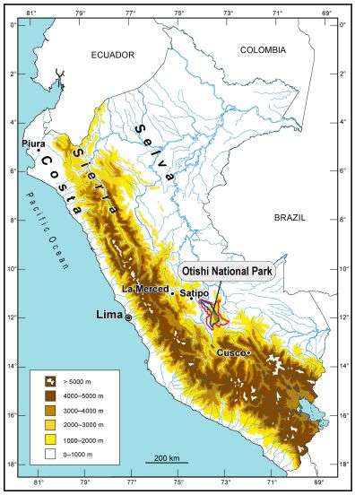 Map of Peru with the Otishi National Park outlined in blue, the AshÃ¡ninka Communal Reserve on its west side, and the Machiguenga Communal Reserve on its east side outlined in red.