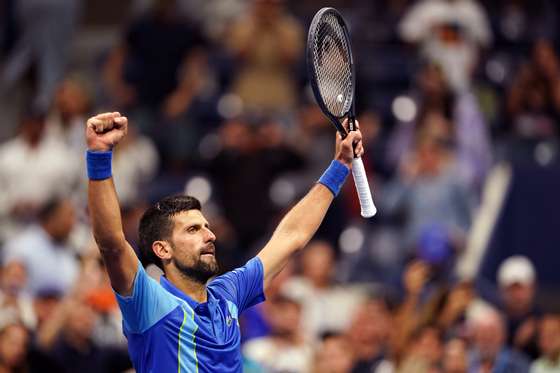 epa10835174 Novak Djokovic of Serbia reacts after winning his third round match against Laslo Djere of Serbia at the US Open Tennis Championships at the USTA National Tennis Center in Flushing Meadows, New York, USA, 01 September 2023. The US Open runs from 28 August through 10 September. EPA/WILL OLIVER