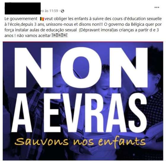 PublicaÃ§Ã£o que alega que o governo belga quer instituir aulas de educaÃ§Ã£o sexual obrigatÃ³ria para crianÃ§as com 3 anos.