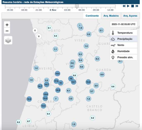 PrecipitaÃ§Ã£o na zona centro do paÃ­s pelas 5 horas de 2 de novembro de 2023