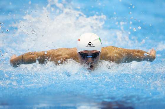 epa10772792 Diogo Matos Ribeiro of Portugal competes in the Men's 100m Butterfly heats of the Swimming events during the World Aquatics Championships 2023 in Fukuoka, Japan, 28 July 2023. EPA/KIYOSHI OTA