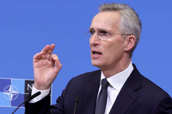 epa11151768 NATO Secretary General Jens Stoltenberg holds a pre-ministerial press conference at the Alliance headquarters in Brussels, Belgium, 14 February 2024. NATO defense ministers will meet on 15 February at NATO headquarters in Brussels. A separate meeting of the Ukraine Defense Contact Group (UDCG) will be held at NATO headquarters on 14 February.  EPA/OLIVIER MATTHYS