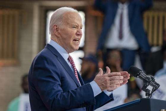 epa11378287 US President Joe Biden delivers remarks during a campaign rally at Girard College in Philadelphia, Pennsylvania, USA, 29 May 2024. President Biden and Vice President Harris officially launch their Black Voters for Biden-Harris campaign during the rally at Girard College, a majority Black school in Philadelphia.  EPA/SHAWN THEW