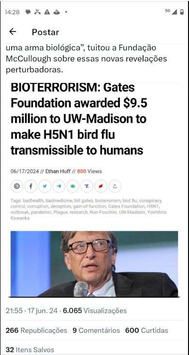 PublicaÃ§Ã£o de Facebook a acusar Bill Gates de bioterrorismo e de pagar para tornar a gripe das aves "transmissÃ­vel a humanos".