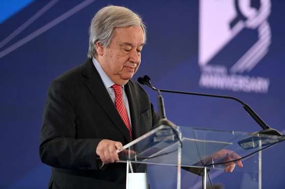 epa11408157 United Nations (UN) Secretary-General Antonio Guterres delivers a speech during a visit to the United Nations Global Service Center (UNGSC) in Brindisi, southern Italy, 13 June 2024, on the occasion of the UN logistics hub (UNGSC)'s 30th anniversary. Guterres is visiting southern Italy to attend the Group of Seven (G7) leaders' summit and to hold bilateral meetings with leaders on the margins of the summit.  EPA/DONATO FASANO