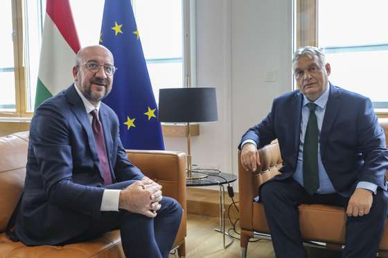 epa11450081 EU Council President Charles Michel (L) and Hungarian Prime Minister Viktor Orban (R) attend their meeting in Brussels, Belgium, 01 July 2024. Hungarian Prime Minister Viktor Orban is visiting Brussels as Hungary takes over the Presidency of the European Union from 01 July. EPA/NICOLAS LANDEMARD