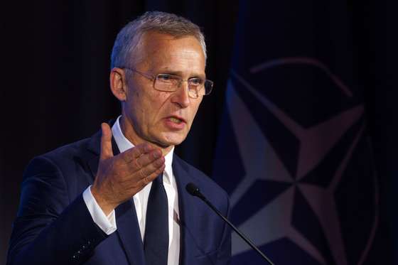 epa11468634 NATO Secretary-General Jens Stoltenberg delivers a keynote speech during the US Chamber of Commerce NATO Summit Defense Industry Forum, in Washington DC, USA, 09 July 2024. The 75th Anniversary NATO Summit takes place in Washington, DC from 09 to 11 July 2024.  EPA/WILL OLIVER