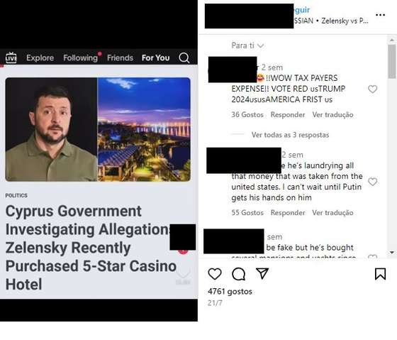 PublicaÃ§Ã£o de Facebook a acusar Volodymyr Zelensky de comprar um casino e um hotel de 5 estrelas, no Chipre.