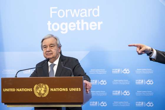 epa11405907 U.N. Secretary-General Antonio Guterres speaks to the press stake out following the intervention of the opening of the UNO marking 60 years of UN Trade and Development (UNCTAD) at the European headquarters of the United Nations in Geneva, Switzerland, 12 June 2024.  EPA/MARTIAL TREZZINI