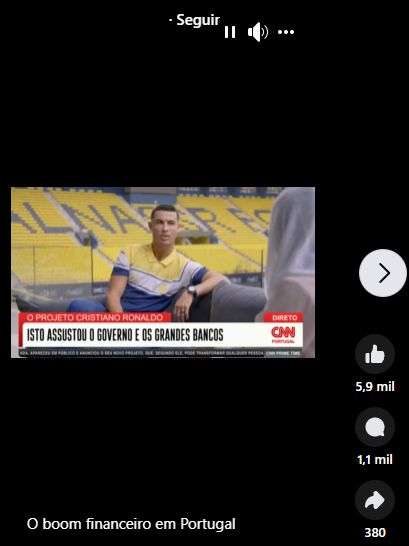 VÃ­deo publicado no Facebook sobre uma alegada entrevista de Cristiano Ronaldo para investidores.