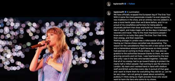 PublicaÃ§Ã£o de Taylor Swift no Instagram a falar sobre a tentativa de atentado em Viena