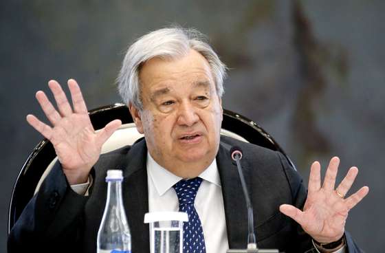 epa11451703 United Nations Secretary-General Antonio Guterres gestures as he speaks during a meeting with Kyrgyz President Sadyr Japarov (not pictured) in Bishkek, Kyrgyzstan, 02 July 2024. The UN Secretary General is on an official visit to Kyrgyzstan.  EPA/IGOR KOVALENKO