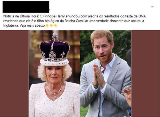 PublicaÃ§Ã£o de Facebook alega que a verdadeira mÃ£e de Harry Ã© a rainha Camila, nÃ£o a princesa Diana.