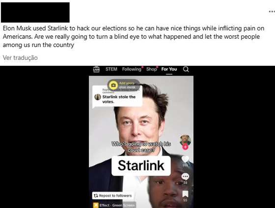 PublicaÃ§Ã£o de Facebook a acusar Elon Musk e os satÃ©lites Starlink de manipular as eleiÃ§Ãµes norte-americanas.