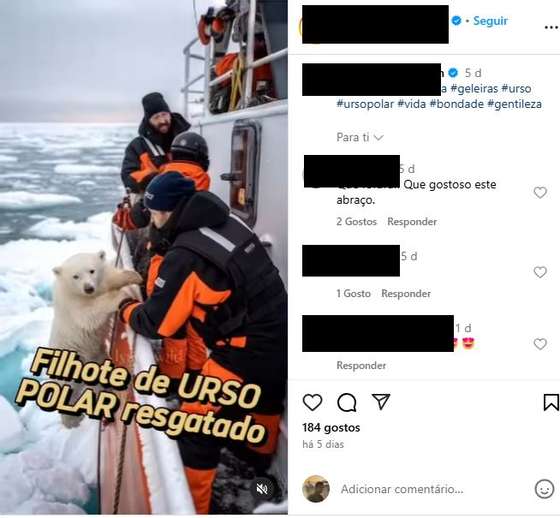 VÃ­deo publicado nas redes sociais a mostrar um suposto urso polar a ser resgatado por uma tripulaÃ§Ã£o.