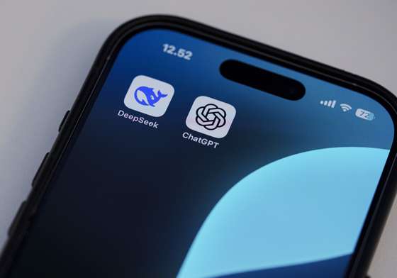epa11880770 The Chinese app DeepSeek and ChatGPT applications on a mobile device, in Copenhagen, Denmark, 07 February 2025. Deepseek, is a Chinese artificial intelligence (AI) app that offers comparable performance at a fraction of the cost of its rivals. EPA/Liselotte Sabroe DENMARK OUT