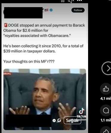 Publica&Atilde;&sect;&Atilde;&pound;o no Facebook que alega que Barack Obama recebia milh&Atilde;&micro;es de euros de royalties do programa Obamacare.