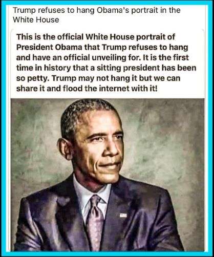Publica&Atilde;&sect;&Atilde;&pound;o de Facebook a alegar que Donald Trump rejeitou pendurar este retrato de Barack Obama, na Casa Branca.