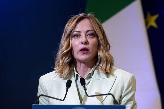 epa12063000 Italian Prime Minister Giorgia Meloni speaks at a joint press conference with Turkish President Recep Tayyip Erdogan, during the IV Italy-Turkiye Summit at Villa Doria Pamphilj in Rome, Italy, 29 April 2025.  EPA/ANGELO CARCONI