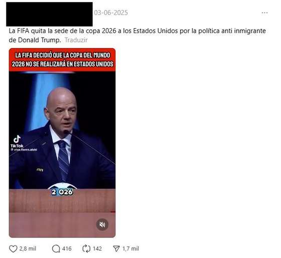 Publica&Atilde;&sect;&Atilde;&pound;o no Facebook que partilha teorias sobre o Campeonato do Mundo de 2026, associado a Donald Trump, Presidente dos Estados Unidos.
