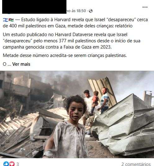 Publica&Atilde;&sect;&Atilde;&pound;o de Facebook que alega que 377 mil pessoas est&Atilde;&pound;o desaparecidas na Faixa de Gaza.
