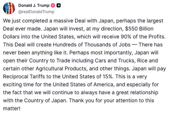Trump anuncia acordo comercial com Jap&Atilde;&pound;o que inclui tarifas de 15%