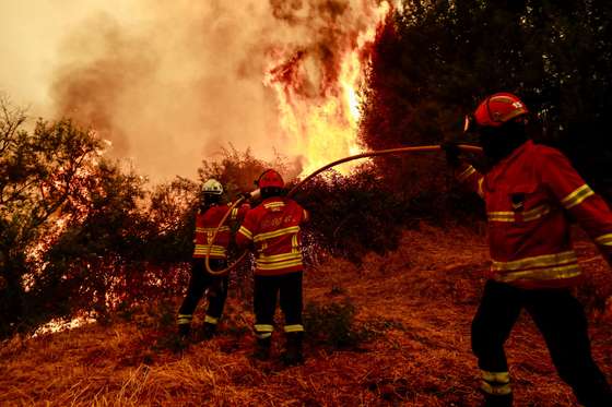 epa12308543 Firefighters battle the flames during a forest fire that began five days ago near Aldeia de Piodao, in Arganil, and spread to Silvares, in Fundao, Portugal, 18 August 2025. Forest fires have burned in Portugal 185.753 hectares to date, causing two deaths, including a firefighter, and several injuries, most of them minor, and completely or partially destroyed primary and secondary residences, as well as farms, livestock operations, and forest areas.  EPA/MIGUEL PEREIRA DA SILVA