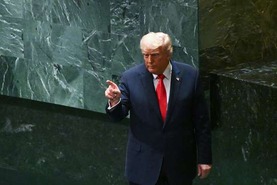 epa12400271 US President Donald Trump gestures as he departs after addressing the General Debate of the 80th session of the United Nations General Assembly (UNGA) at the United Nations headquarters in New York, New York, USA, 23 September 2025. EPA/LUKAS COCH NO ARCHIVING AUSTRALIA AND NEW ZEALAND OUT