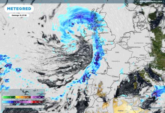 O mapa da Meteored que mostra a depress&Atilde;&pound;o sobre o Reino Unido e a frete a chegar a Portugal