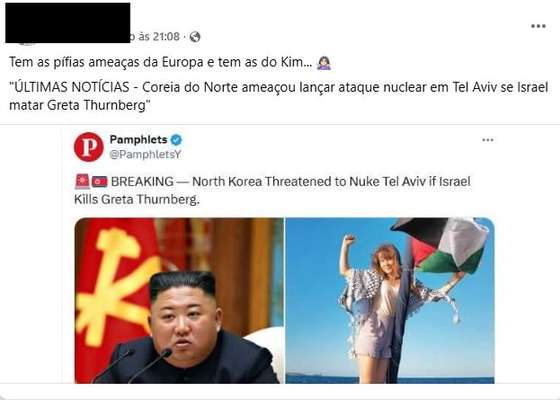 Publica&Atilde;&sect;&Atilde;&pound;o de Facebook a dar conta de amea&Atilde;&sect;as norte-coreanas contra Israel, por causa da ativista Greta Thunberg.